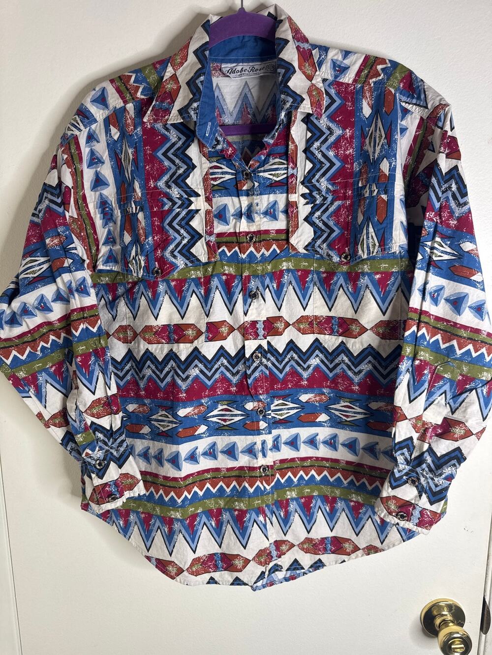 VTG 90s Adobe Rose Southwest Aztec Print Western Brushpopper Shirt Cotton Large
